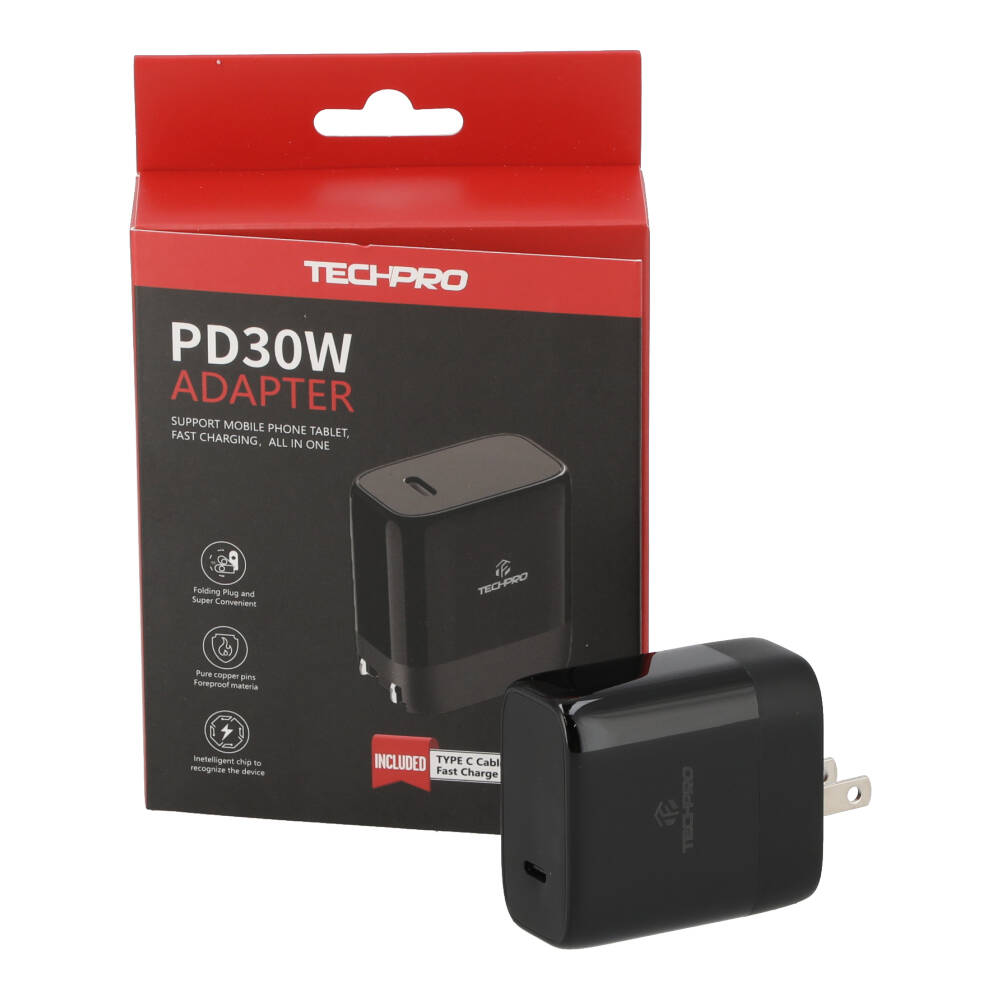 TECHPRO Wall USB Charger 1 USB-C PD30W Black