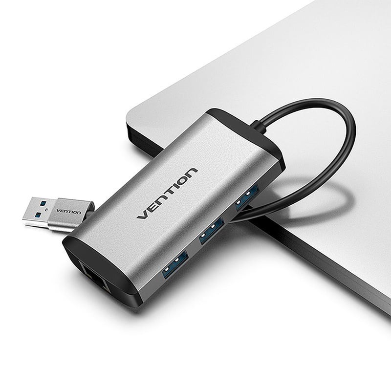 Vention USB-A to 3 USB-A(3.0A) + RJ45 HUB 4-in-1 0.1M. Space Grey (CKBHB)