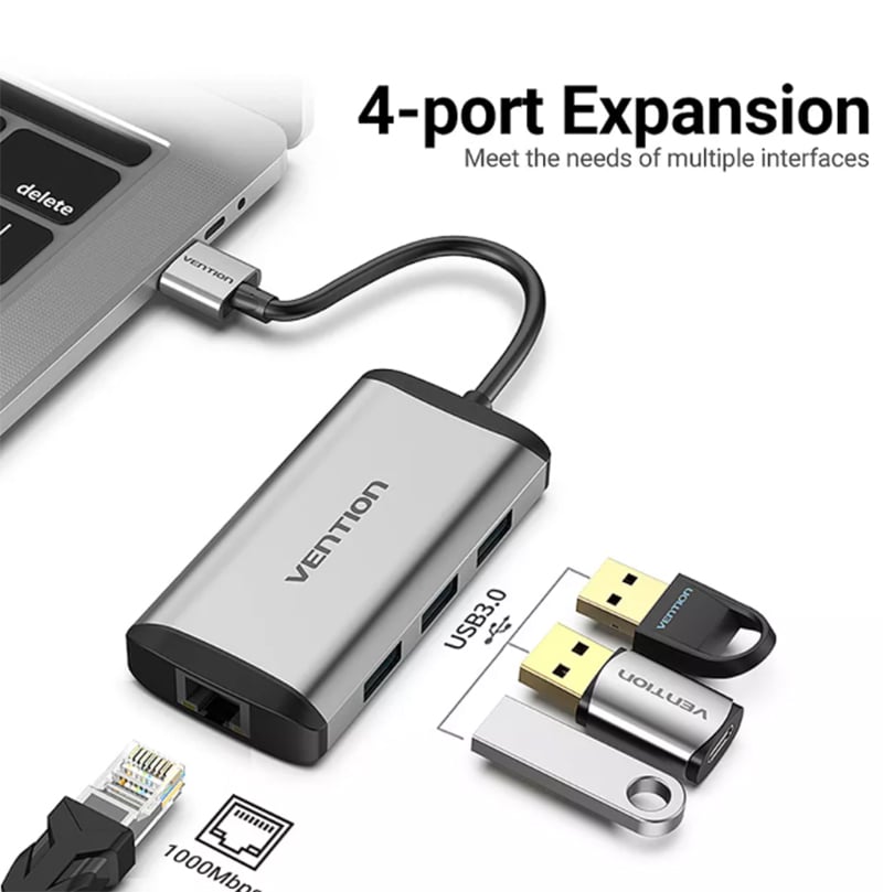 Vention USB-A to 3 USB-A(3.0A) + RJ45 HUB 4-in-1 0.1M. Space Grey (CKBHB) Vention USB-A to 3 USB-A(3.0A) + RJ45 HUB 4-in-1 0.1M. Space Grey (CKBHB)