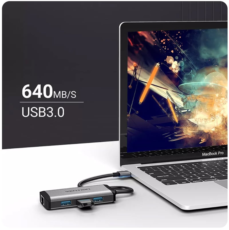 Vention USB-A to 3 USB-A(3.0A) + RJ45 HUB 4-in-1 0.1M. Space Grey (CKBHB) Vention USB-A to 3 USB-A(3.0A) + RJ45 HUB 4-in-1 0.1M. Space Grey (CKBHB)
