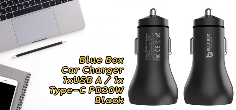Blue Box Car Charger 1xUSB A / 1xType-C PD20W Black