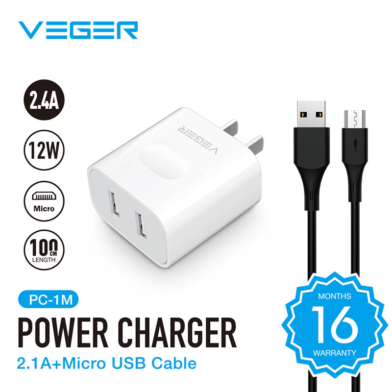Veger Wall USB Charger 2 USB-A (2.4A/12W) + Micro USB Cable 1M. White (PC-1M) Veger Wall USB Charger 2 USB-A (2.4A/12W) + Micro USB Cable 1M. White (PC-1M)