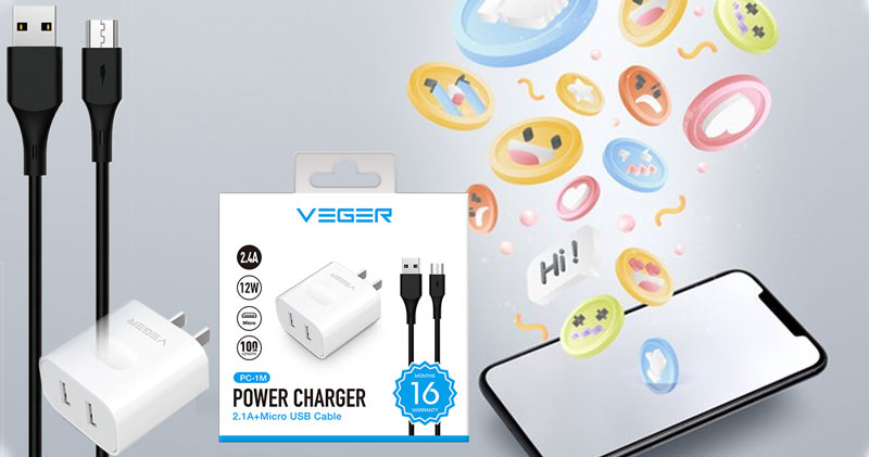 Veger Wall USB Charger 2 USB-A (2.4A/12W) + Micro USB Cable 1M. White (PC-1M) Veger Wall USB Charger 2 USB-A (2.4A/12W) + Micro USB Cable 1M. White (PC-1M)
