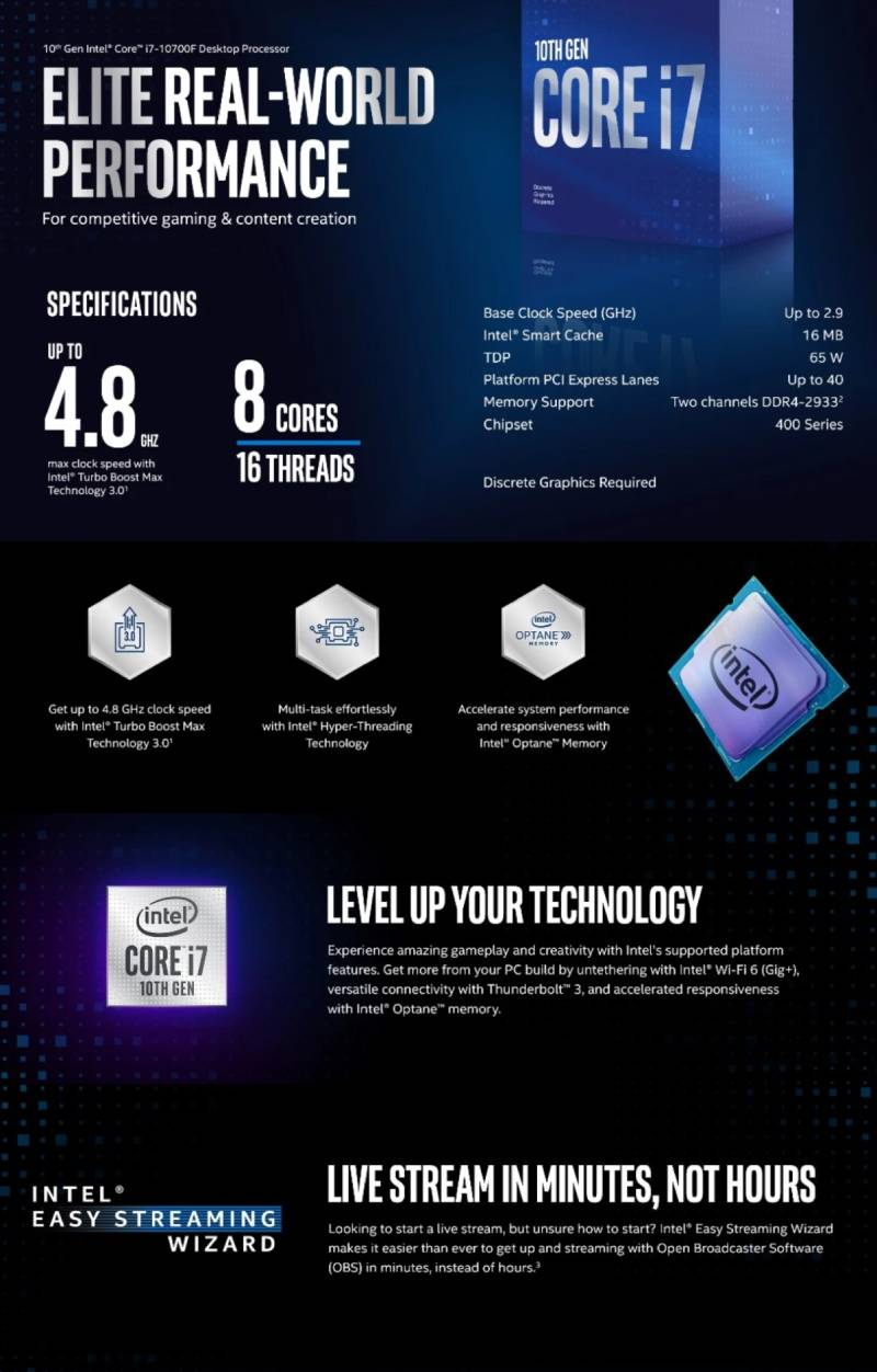 ซีพียู Intel Core i7-10700F 2.9 GHz 8C/16T LGA-1200 (No Graphics)