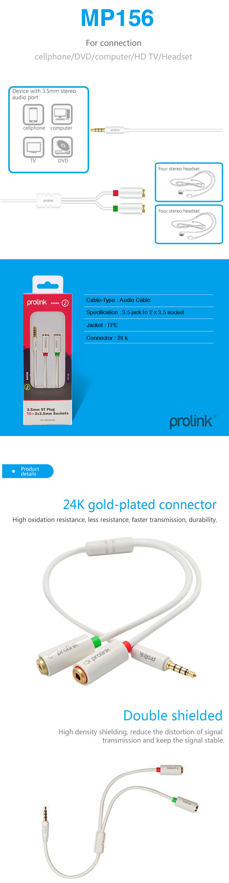 CS@ Prolink MP156 3.5ST Plug to 2x3.5 ST Sockets